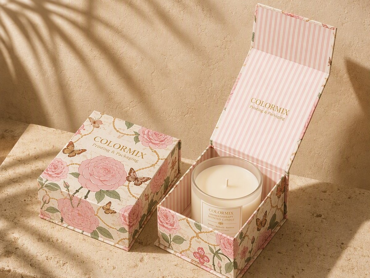 Floral printed folding box holding a scented candle, branded Colormix