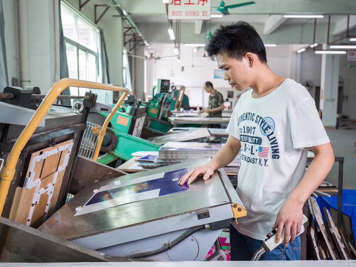 Operator at an automatic die-cutter checking a cut sheet
