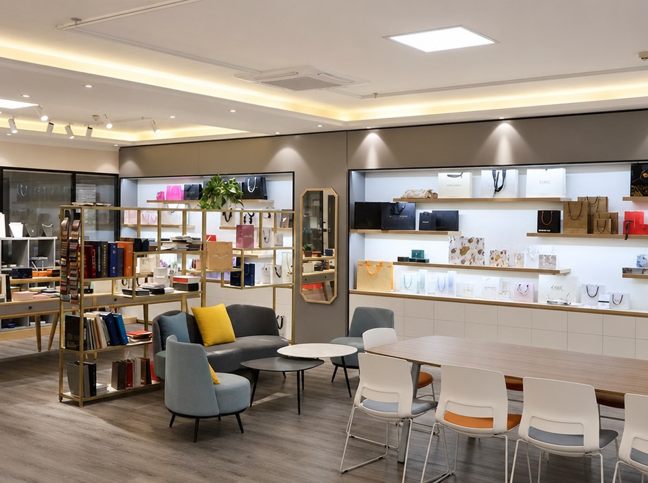 Sample showroom with packaging displayed on illuminated shelving