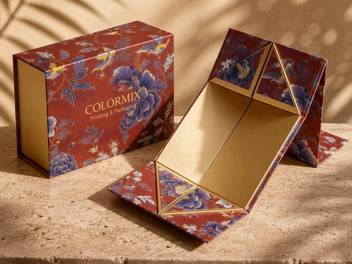 Floral printed foldable gift box shown closed and opened flat, with a gold interior, branded Colormix