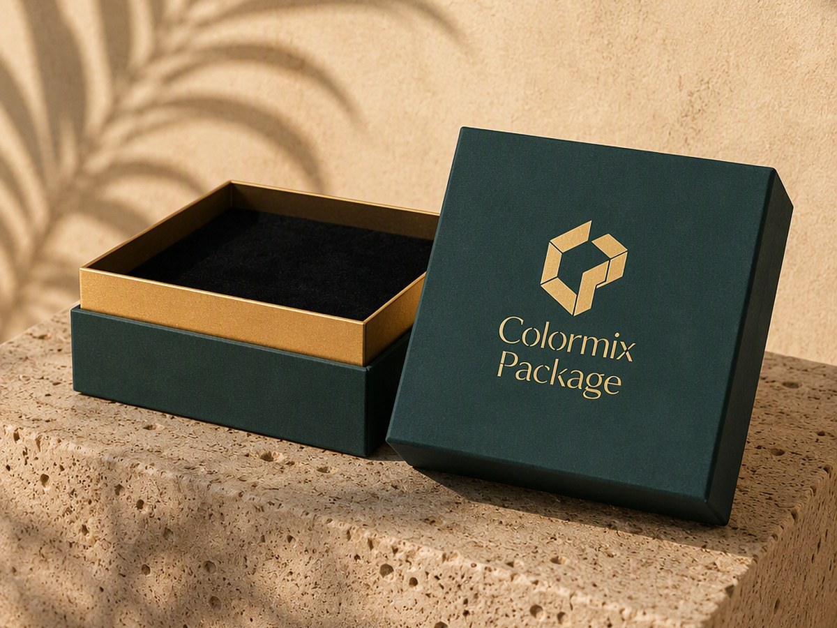 Deep green rigid gift box with the lid off, showing a gold-banded interior and a black velvet base, gold foil Colormix logo