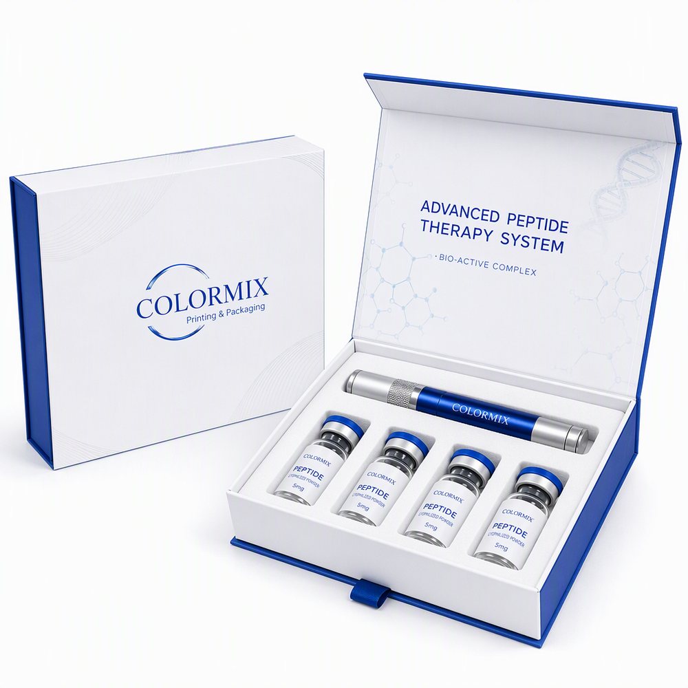 White and blue rigid box holding four peptide vials and a pen injector in a printed tray