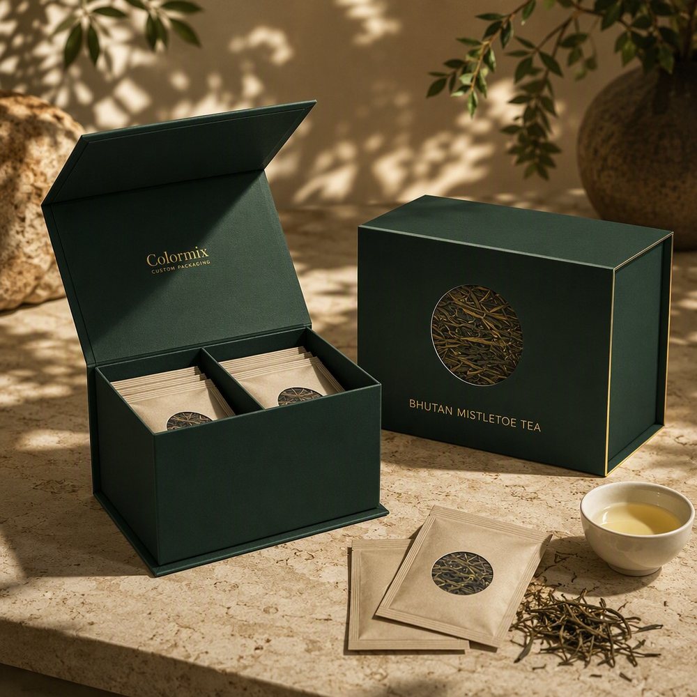 Dark green flip-lid tea box with a gold border line, open to show two compartments of wrapped sachets, branded Colormix
