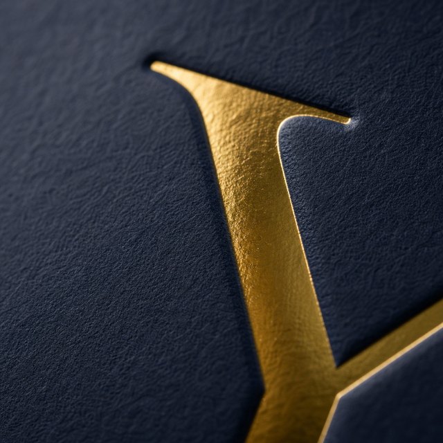 Gold foil letter pressed into navy paper, with a slight impression at the edge