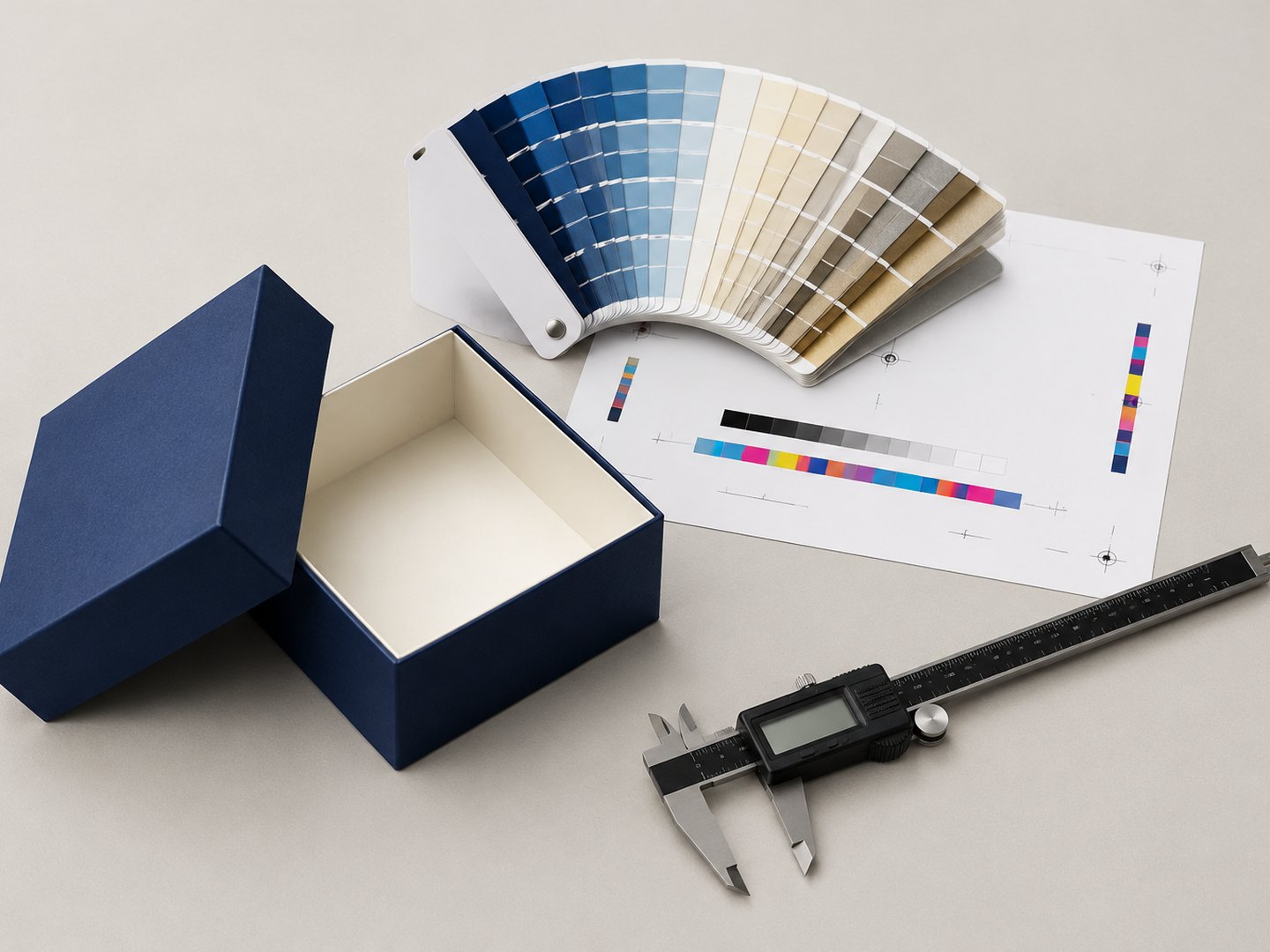 Packaging sample review bench with an open rigid box, colour swatch fan, digital caliper and printed proof sheet