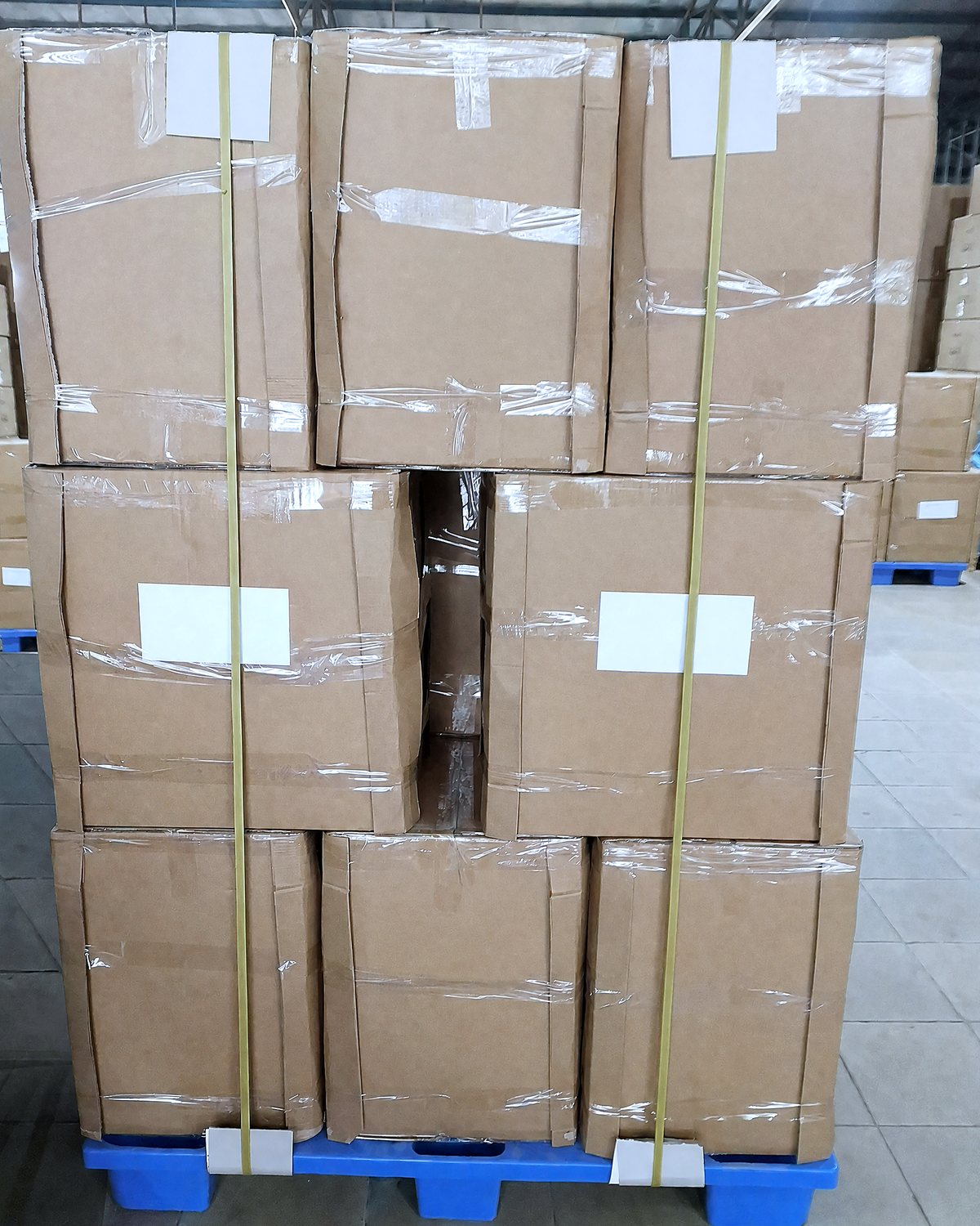 Pallet of export cartons with blank shipping labels, strapped and wrapped in a warehouse