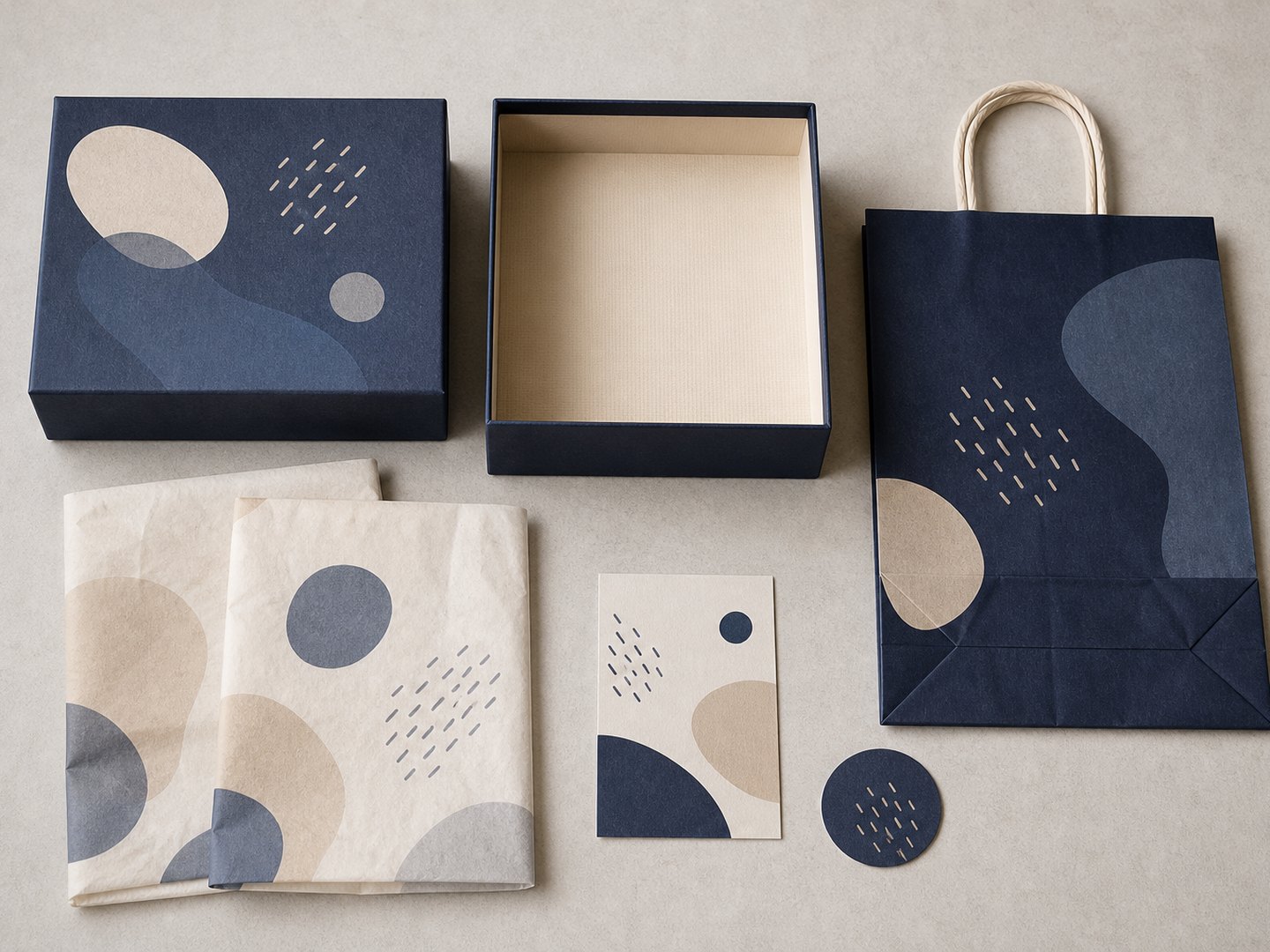 Paper-led retail set: navy rigid box, paper carrier bag with twist handle, tissue, card and paper seal