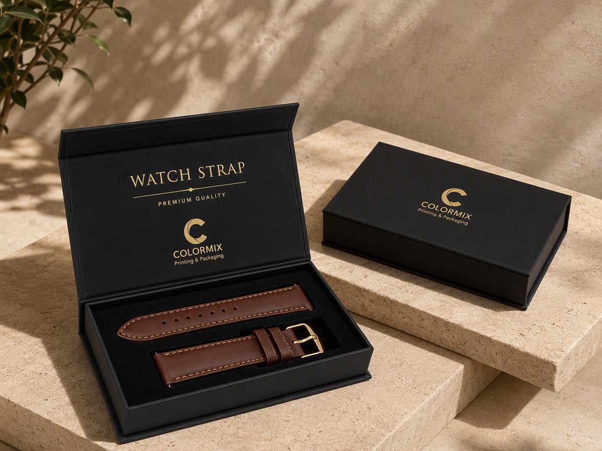 Black magnetic flip-lid box holding a brown leather watch strap in a foam cavity, branded Colormix